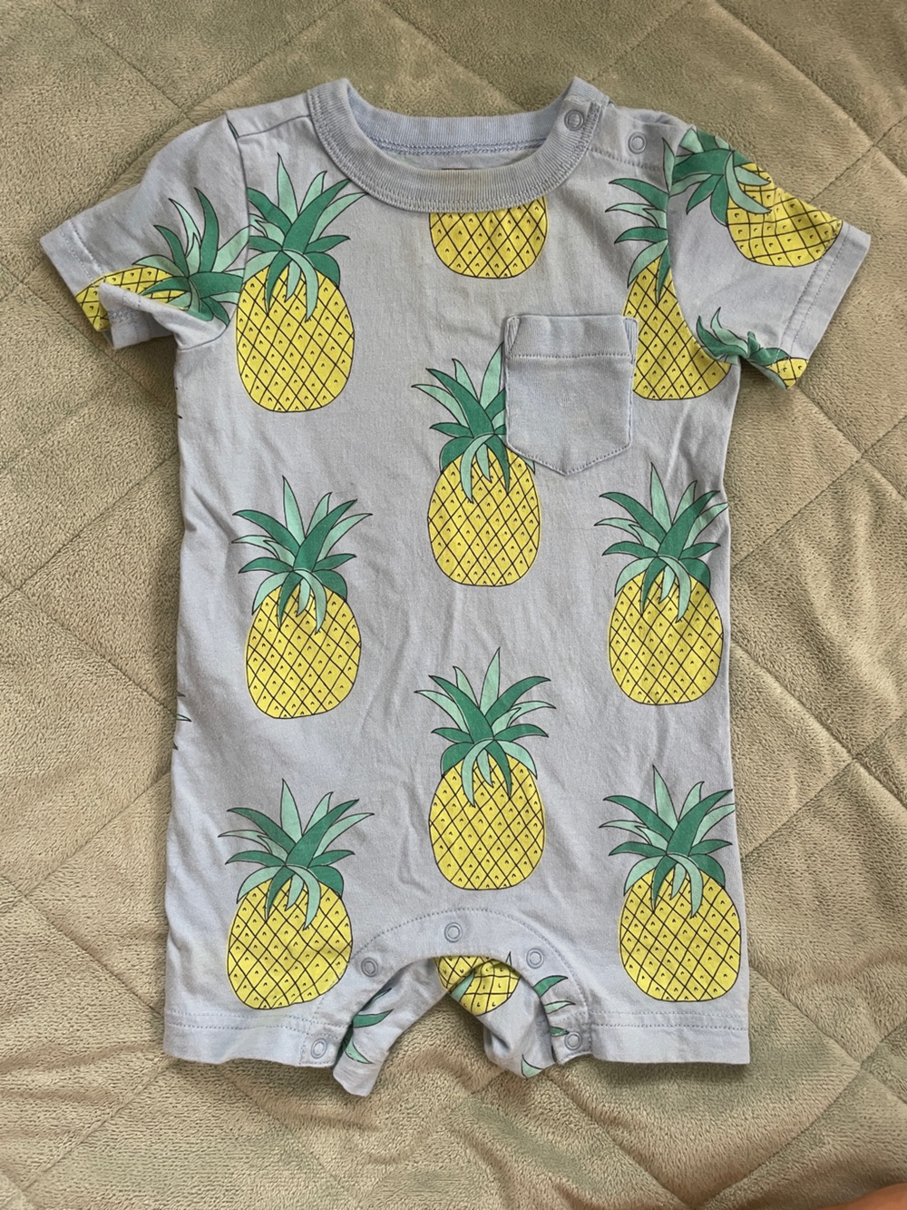 Pineapple Print Pocket Romper - Yellow & Green on Light Blue